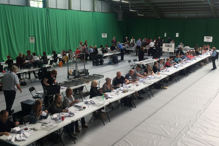 Vote counting at the Wirral Tennis and Leisure Centre