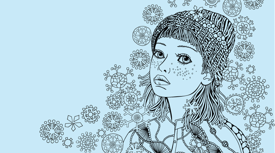 Illustrated girl with sad expression in a patterned winter hat and coat, surrounded by intricate snowflake-like designs on a light blue background