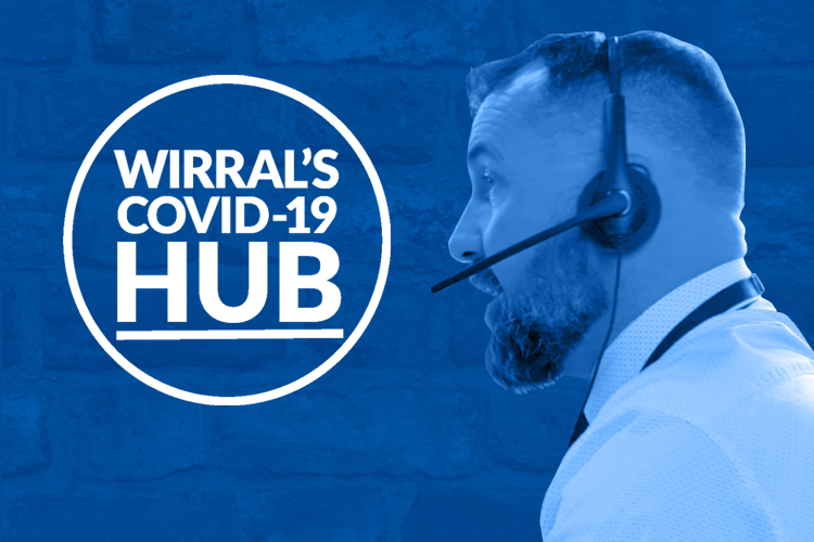 A bluescale graphic of a man's profile wearing a telephone headset, to the left white graphic writing in a circle reads 'Wirral's COVID-19 hub'.