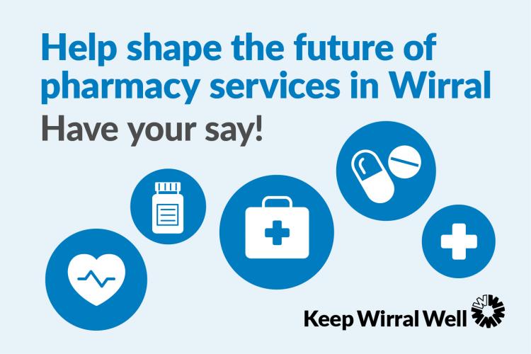 Light blue graphic reads 'help shape the future of pharmacy service in Wirral - have your say!' in dark blue circles there are medical symbols.