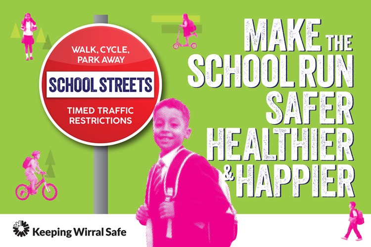 Graphic with green background and a young child in uniform in the foreground and children walking, cycling and scooting to school. There is also a red no entry sign that says 'School Streets' and some text in white alongside it that says 'Make the School run safer, healthier and happier'