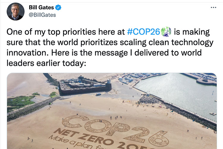 A screenshot of Bill Gates' pre-COP26 tweet including a photo of New Brighton