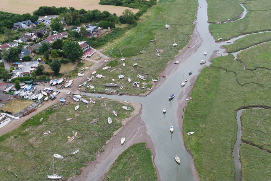 Aerial view of boats at Heswall Shore, credited to Rick Pritchard from Natural Resources Wales