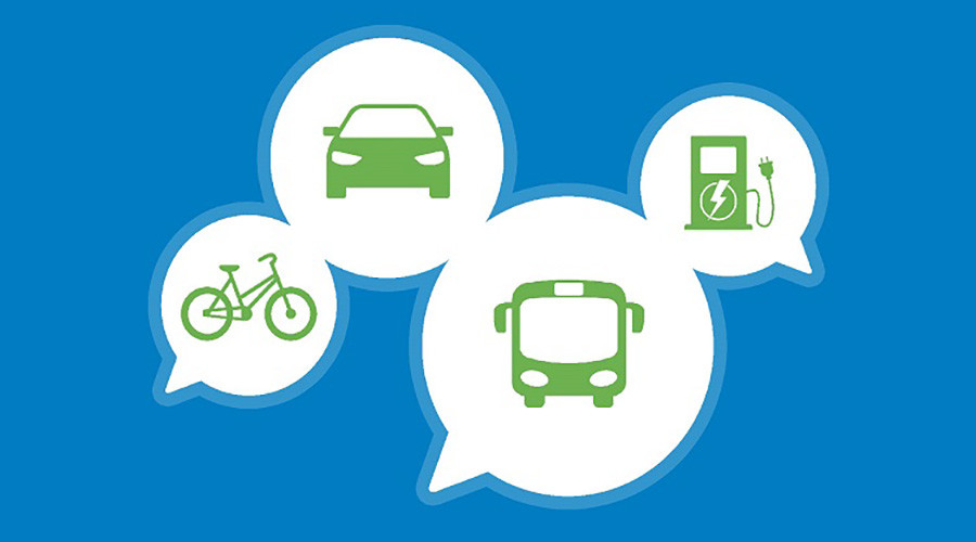 Four white speech bubbles on a blue background. A graphic of a bike, car, bus and electric charging point is placed in each bubble