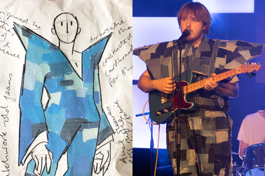 Mockup of an artist's upcycled outfit next to a photo of the artist wearing the outfit