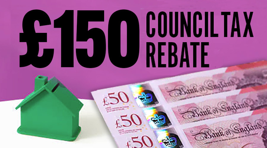 £150 council tax rebate graphic showing 3 £50 notes and small green plastic house