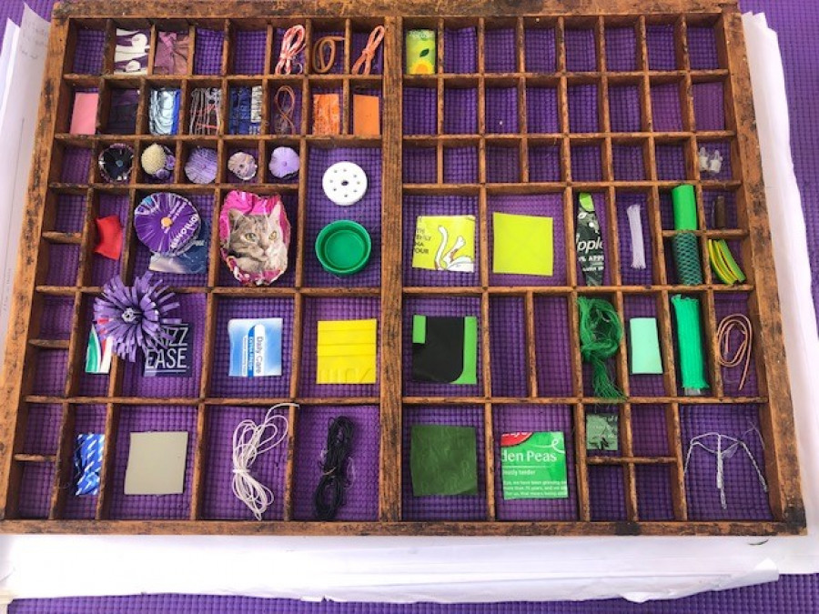 Swatches of the different materials used so that visitors to the sculptures can see if they can spot them all within the artwork.
