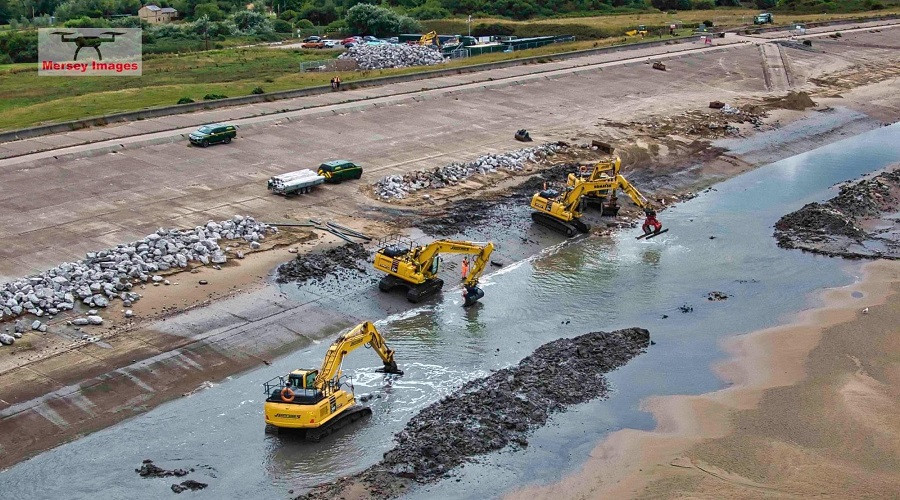 Drone footage of the works to strengthen the north Wirral embankment