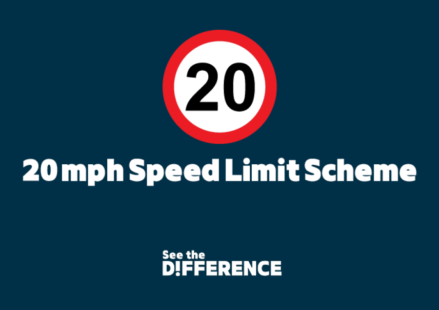 20mph speed sign and text that reads 20mph Speed Limit Scheme. See the Difference. 