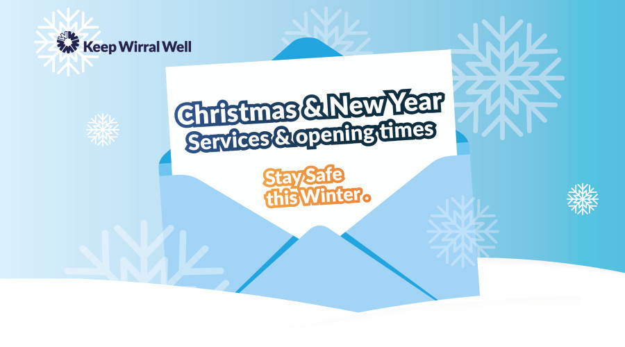 Illustrative graphic with white snowflakes on light blue background with an envelope standing in a pile of snow with a card rising up from envelope with test Christmas & New Year Services & opening times and orange logo saying stay safe this winter