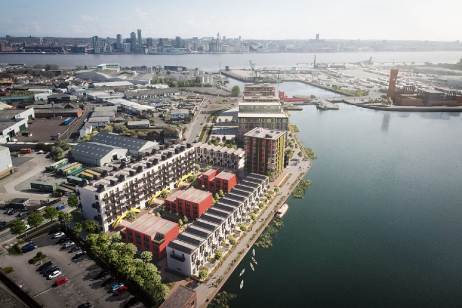 aerial computer generated image of how Redbridge Quay homes will look within the wider Wirral Waters development