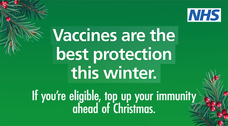 Seasonal-themed graphic which includes the words Vaccines are the best protection this winter. If you're eligible, top up your immunity ahead of Christmas