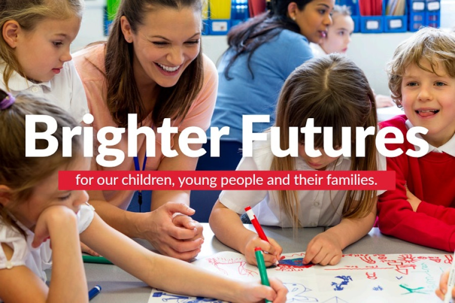 picture shows children drawing and laughing together and words saying: Brighter Futures for our children, young people and their families
