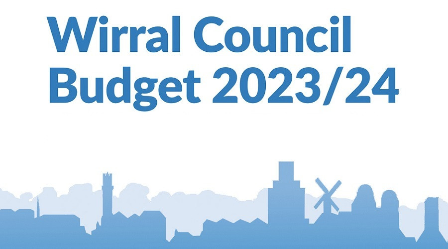 Graphic showing Wirral skyline with words: "Wirral Council budget 2023-24"