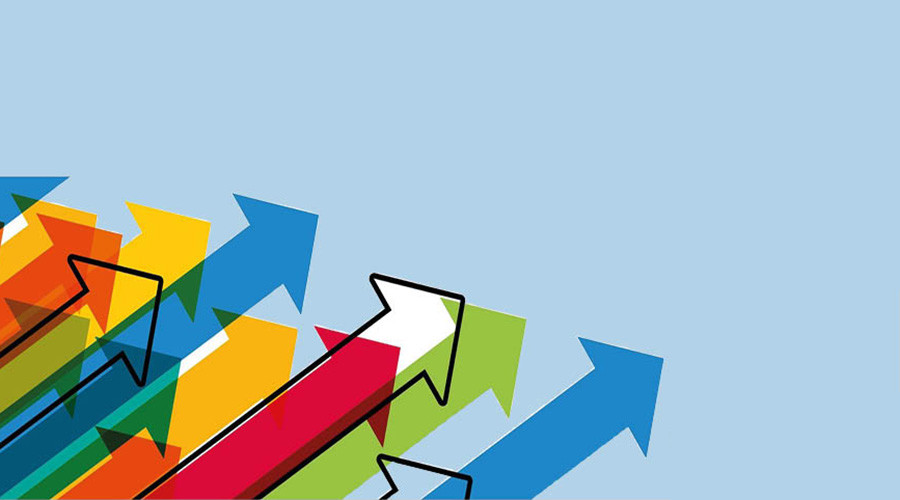Graphic showing arrows of different sizes and colours over a light blue background