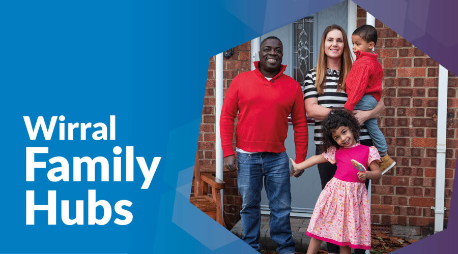 A family of two parents and two children stand on their front doorstep smiling, in the bottom left corner white text on a blue background reads 'Wirral Family Hubs'