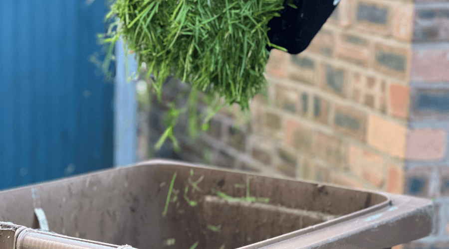 Garden waste being deposited in a brown bin