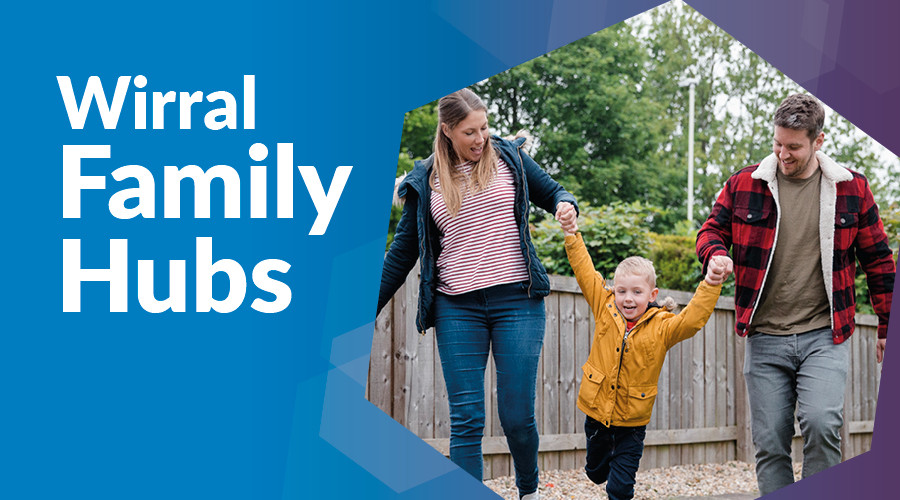 A blue graphic background reads Wirral Family Hubs in white letters, inset is a photograph of two parents holding hands with a child