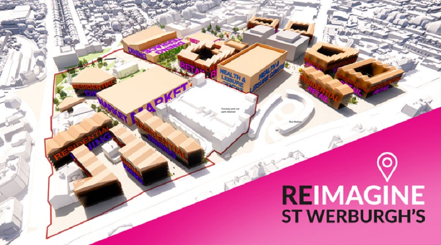 concept art showing the st. werburgh's area, outlined in pink to show where the proposed new development will be