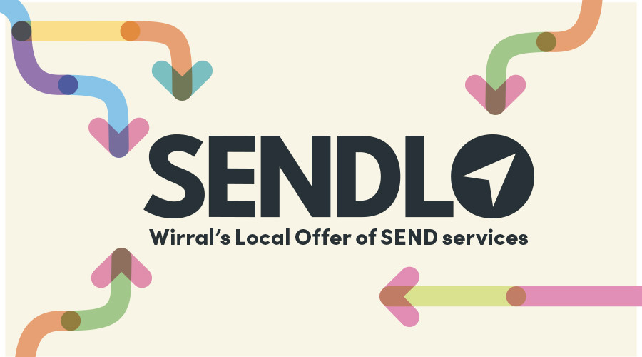 White background with the word 'SENDLO' in black text, subheading reads WIrral's Local offer of SEND services, graphic multicolour arrows around the border