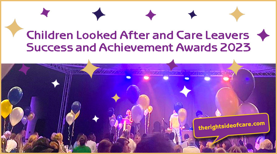 Text reads: Children looked After and Care Leavers Success and Achievements Awards 2023 with an image of people enjoying the event at the Floral Pavilion in New Brighton