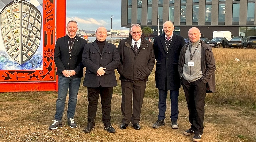 From left: Dave Dargan, Director of Starship Group; Cllr Paul Stuart, Leader of Wirral Council; Cllr  Tony Jones, Chair of Economy, Regeneration and Housing Committee at Wirral Council; Richard Mawdsley, Director of Development at Wirral Waters; and Simon Humphreys, Director of Regeneration and Place at Starship Group.
