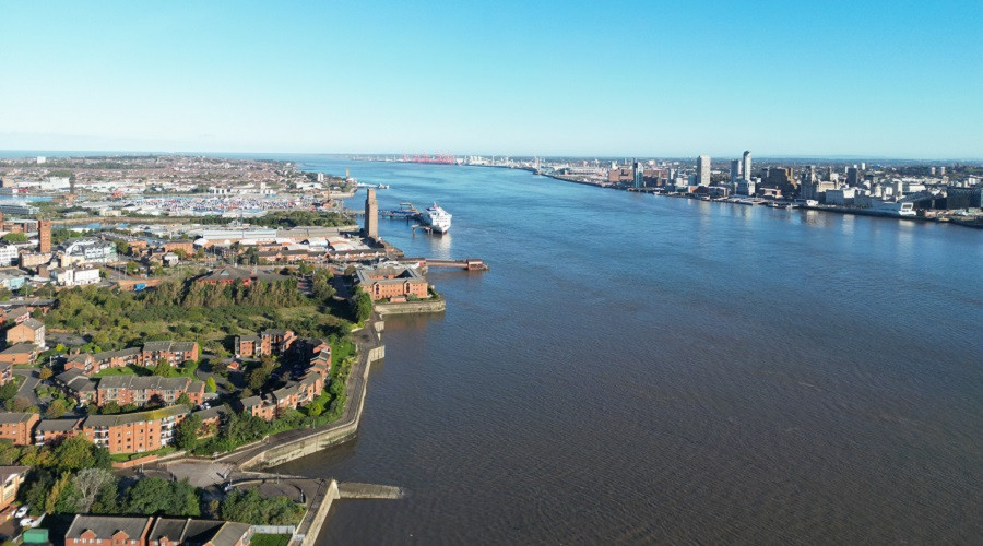 aerial view of Woodside with Liverpool waterfront opposite