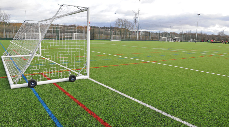 Side view of the goal on a football pitch