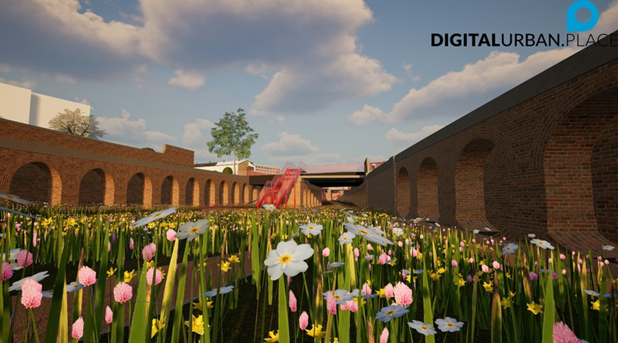 artist representation of how dock branch park could look. Shows flowers in the foreground with a grassed area, adjacent to railway arches on either side. A red staircase can be seen at the back for access to the park