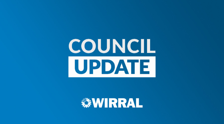 blue background with the words council update in white text, the wirral logo underneath