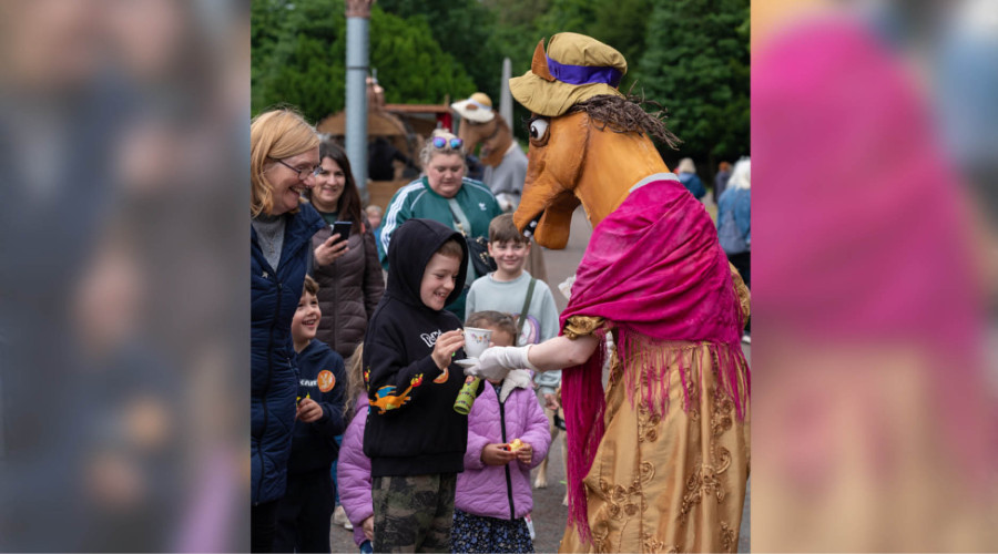 Pantomime horses meeting the crowds in Birkenhead Park.