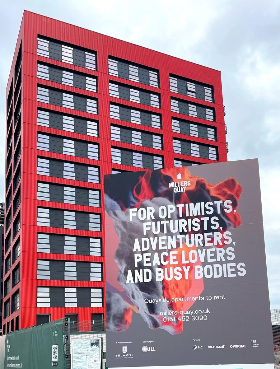 image of Millers quay apartment block with branding in front of it