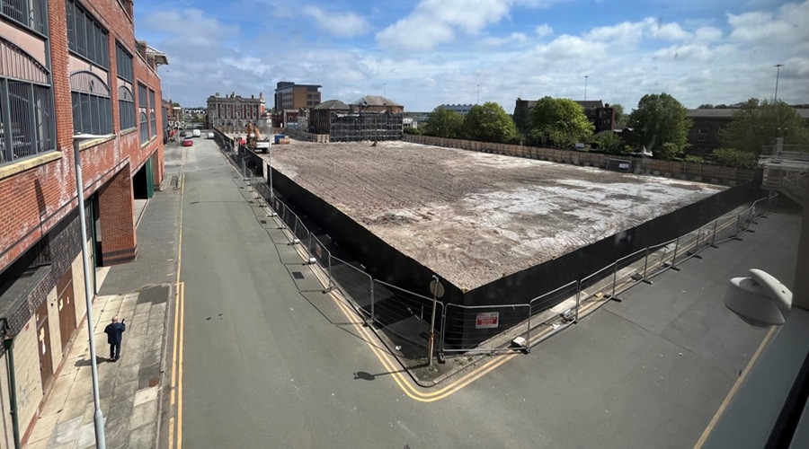 image from above showing demolished site of former House of Fraser building in Birkenhead town centre