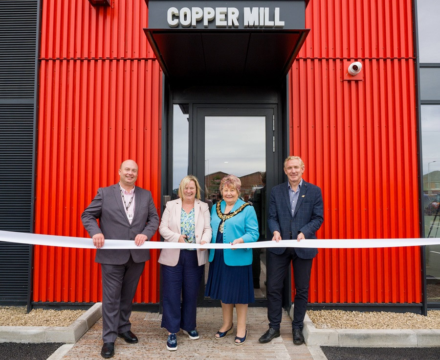 Leader of Wirral Council, Cllr Paul Stuart; Hayley Rees, Managing Director, PIC Capital; The Mayor of Wirral, Councillor Cherry Povall; and James Whittaker, Managing Director of Peel Waters perform cutting of the ribbon ceremony