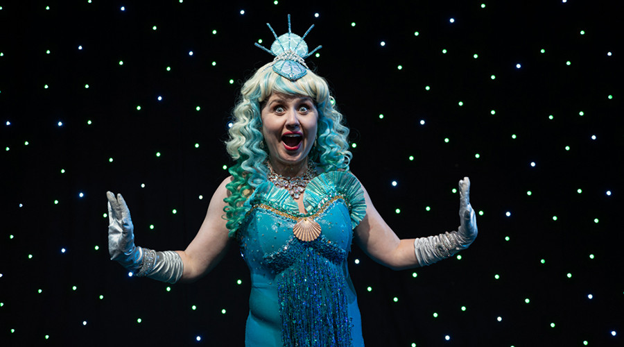 Photo of Victoria Hay in a mermaid costume standing in front of a star cloth