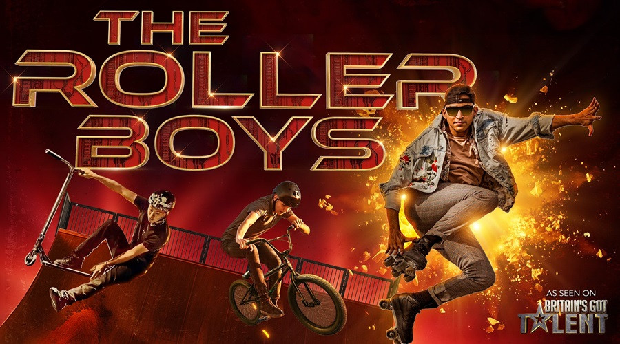 Graphic saying The Roller Boys and showing people doing stunts on bike and roller skates