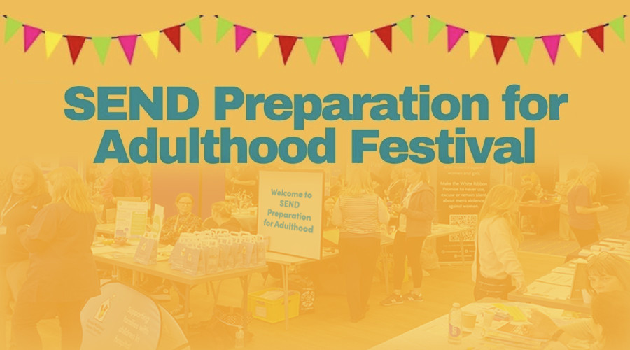 Picture of a busy marketplace event overlaid with yellow and the words 'send preparation for adulthood festival' in teal lettering