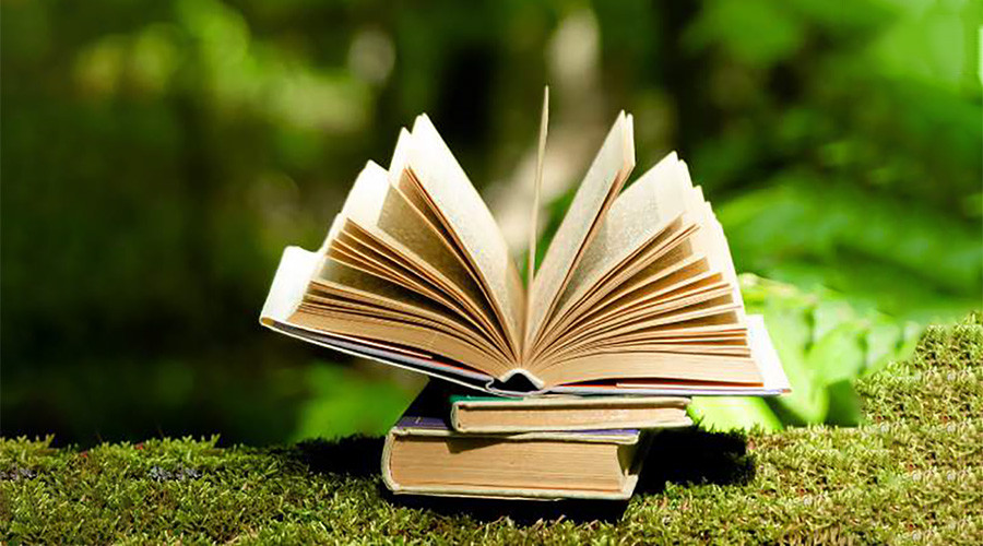 Photo of a pile of books, with the top one open showing all of its leaves.