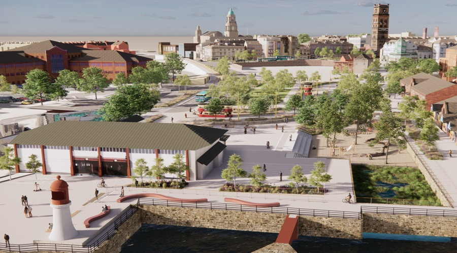 CGI showing how Woodside waterfront area could look, viewed from river towards Hamilton Square