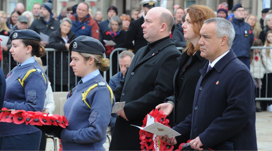 Photo of Council Leader, Birkenhead MP and Council CEX laying a wreath
