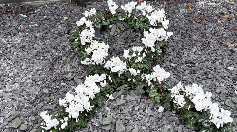 An example of a white ribbon flower arrangement