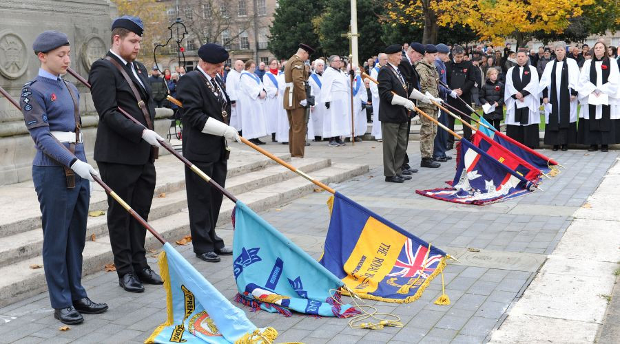 Photo of Standards lowered at the Cenotaph