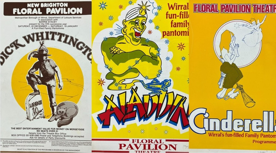 images of programmes from past pantos, Dick Whittington, Aladdin, Cinderalla