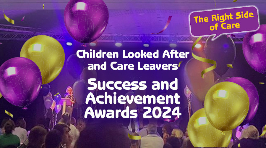 purple and yellow balloons surround words children looked after and care leavers success and achievement awards 2024'