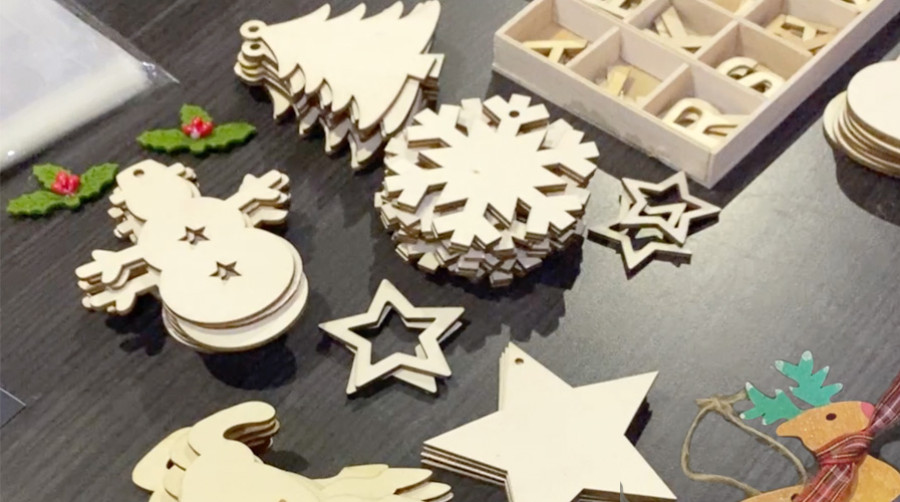 Close up of wooden christmas ornaments