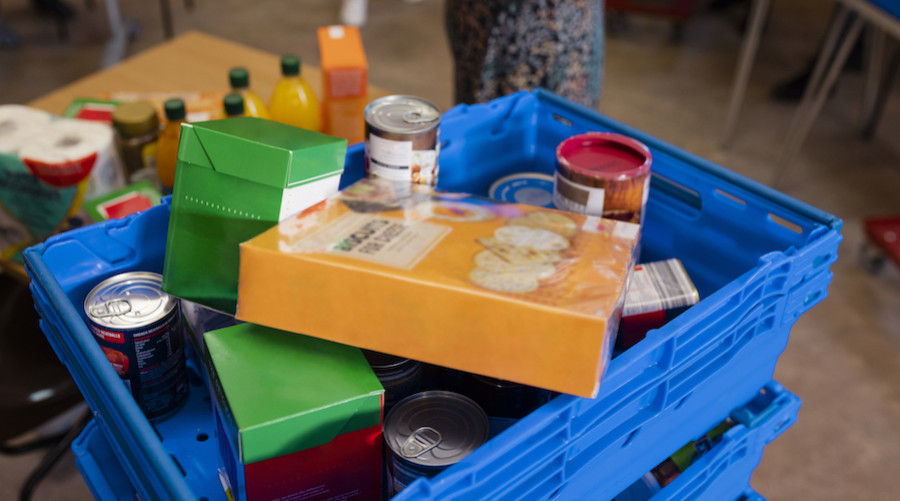 Blue box full of groceries