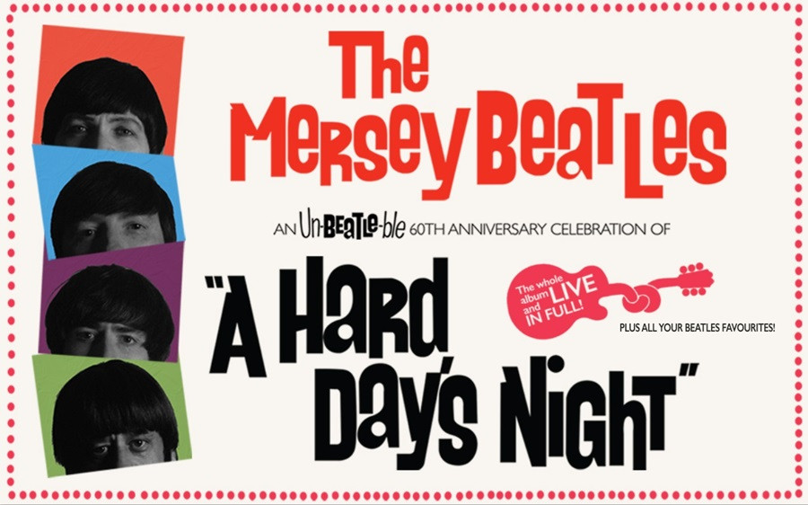 The Mersey Beatles - with a poster for their 'A Hard Day's Night' Beatles tribute anniversary act