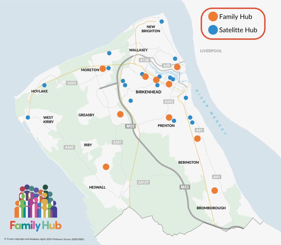 Map of Wirral Peninsula indicating locations of Family Hubs