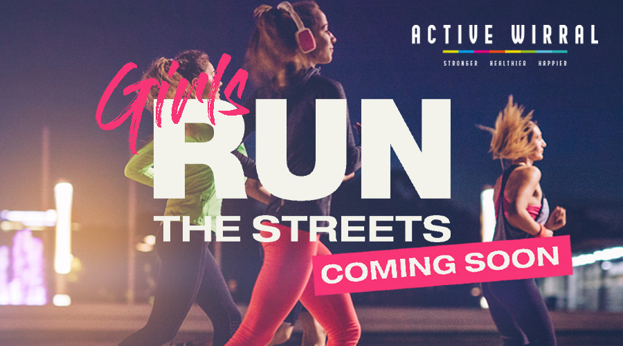Girls run the street campaign graphic pink lettering and pic of women running at night