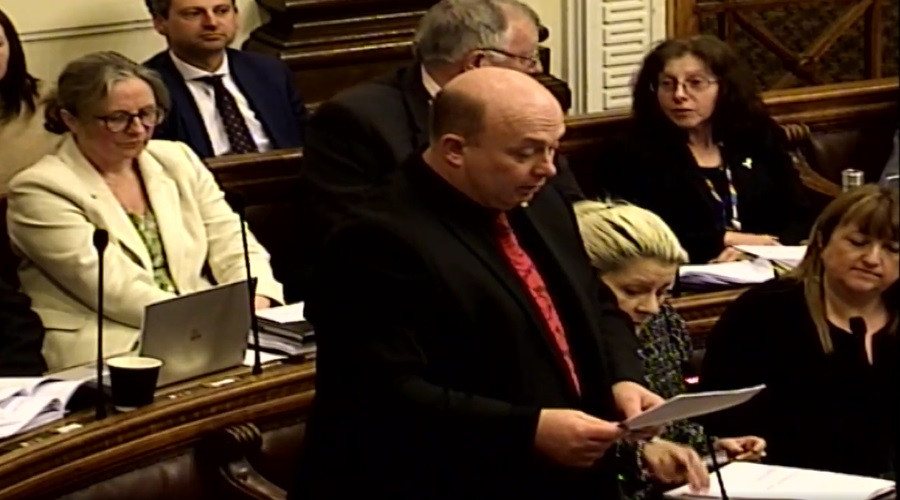 Leader of Wirral Council, Councillor Paul Stuart, speaking in Wallasey town hall council chamber